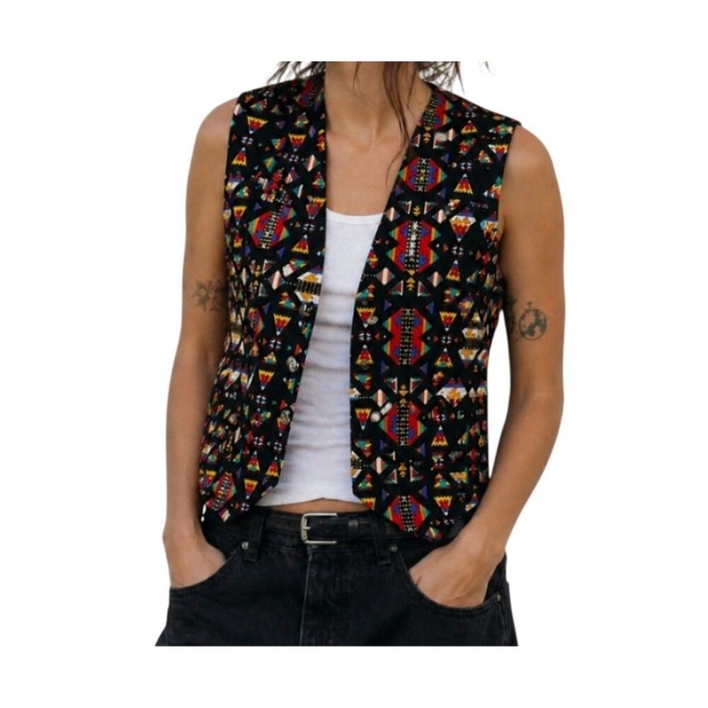 Vintage JLN USA Geometric Cotton Vest Artwear Open Front 90s Large